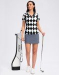 SANTINY Women's Golf Shirt Collared V-Neck Casual Work Tennis Tops UPF50+ Collared Polo Shirts for Women (Black Argyle_XXXL)