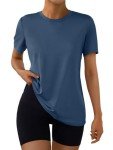 AUTOMET Women's Workout Tops Short Sleeve Gym Shirts Summer Athletic Yoga Tshirts Loose Fit Casual Clothes 2025 Navy M