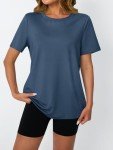 AUTOMET Women's Workout Tops Short Sleeve Gym Shirts Summer Athletic Yoga Tshirts Loose Fit Casual Clothes 2025 Navy M