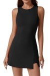QINSEN Workout Dress for Women Crew Neckline Tennis Dress Build in Shorts with Two Pockets Black L