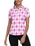MoFiz Women's Golf Polo Tennis Shirt Short Sleeve 1/4 Zip Quick-Dry Lightweight Collared Athletic Top for Sports Running Summer Casual Pink Argyle Plaid Print M