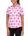 MoFiz Women's Golf Polo Tennis Shirt Short Sleeve 1/4 Zip Quick-Dry Lightweight Collared Athletic Top for Sports Running Summer Casual Pink Argyle Plaid Print M