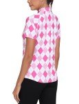 MoFiz Women's Golf Polo Tennis Shirt Short Sleeve 1/4 Zip Quick-Dry Lightweight Collared Athletic Top for Sports Running Summer Casual Pink Argyle Plaid Print M