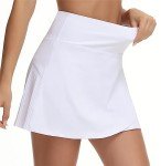 THE GYM PEOPLE Women's High Waisted Tennis Skirts Crossover Hemline Back Pleated Golf Skorts with Inner Shorts White