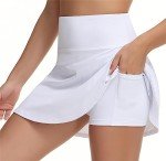 THE GYM PEOPLE Women's High Waisted Tennis Skirts Crossover Hemline Back Pleated Golf Skorts with Inner Shorts White