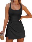 Caracilia Womens Tennis Dress Built in Shorts Square Neck Sleeveless Workout Athletic Mini Skort Dress Golf Summer Outfits Black Medium