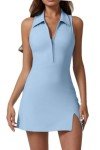 QINSEN Athletic Dress with Pockets Zip Front Polo Neck Tennis Dresses with Build in Shorts Light Blue M