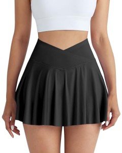 CHRLEISURE Women Tennis Golf Skirt with Pockets - High Waisted Crossover Golf Pleated Athletic Workout Dress Running Skort(AMZ70,Black,M)