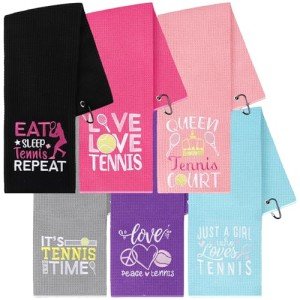 DAVAXI 6 Pcs Tennis Towels - Soft Embroidered Prints with Carabiner Clip - Fun Gift for Women, Men, Team Sports
