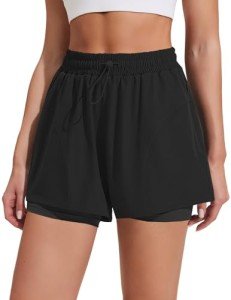 PINSPARK Women Exercise Shorts Quick Dry Tennis Shorts Lightweight Gym Athletic Running Shorts with Soft Liner Summer Basketball Shorts L Black