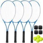 VercanMonth 4 Pack Tennis Rackets for Adults Recreational 4 Players Pre Strung 27 Inch Tennis Racquets Lightweight Rackets Bulk with Balls Overgrips for Training(Blue)
