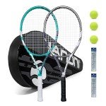 Tennis Racket for Kids 23'' Kid's Tennis Racquet Set of 2-2 Chird Tennis Rackets with 3 Balls,2 Grips,2 Vibration Dampers-Gray and Green