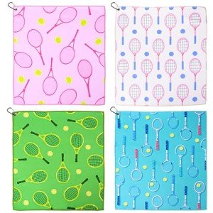 4 Soft Tennis Towels - 15 x 17 Inch, Absorbent, Fast Drying, Funny Prints with Carabiner Clip - Tennis Gift for Women, Men, Team Sports Accessories