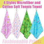 4 Soft Tennis Towels - 15 x 17 Inch, Absorbent, Fast Drying, Funny Prints with Carabiner Clip - Tennis Gift for Women, Men, Team Sports Accessories