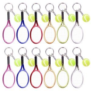 Ancefine 12 Pieces Mini Tennis Racket Keychains Key Ring Alloy Tennis Ball Split Ring Keychains Tennis Trinkets Accessory for Tennis Sport Lover Gift,6 Color
