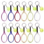 Ancefine 12 Pieces Mini Tennis Racket Keychains Key Ring Alloy Tennis Ball Split Ring Keychains Tennis Trinkets Accessory for Tennis Sport Lover Gift,6 Color