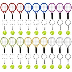 AUHOKY 18Pcs Mini Tennis Racket Keychain Key Ring, Fashionable Alloy Tennis Ball Split Ring, Sport Style Split Keychain for Sport Lovers Team - Exquisite & Lightweight(6 Colors)