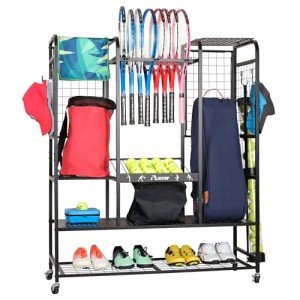 PLKOW Tennis Bag Organizer Tennis Racket Storage Rack, Extra Large Tennis Equipment Holder for Bags, Balls, Racquet & Accessories, Heavy-Duty Gear Organizer for Garage, Club, or School
