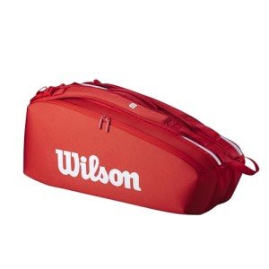 WILSON 2025 Super Tour Red Tennis Racket Bag - Red/White, Holds up to 6 Rackets