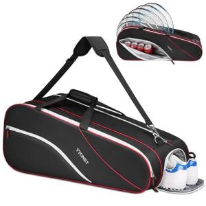 Ytonet Tennis Bag 6 Rackets, Large Tennis Racket Bag for Men Women with Insulated Pocket Shoe Compartment Water Resistant 3-Ways Carry Padded Badminton Cover for Pro/Team/Familiy Training, Black