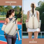 Lufstd Tennis Bags for Women, Quilted Tennis Sling Crossbody Backpack with Hook, Water Resistant Tennis Racket Bags Suitable for Pickleball Badminton, Beige