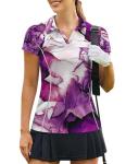 PINSPARK Golf Shirts for Women Short Sleeve Moisture Wicking Polo V Neck Tennis Tops Print Pickleball Apparel,Purplicious XL