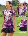 PINSPARK Golf Shirts for Women Short Sleeve Moisture Wicking Polo V Neck Tennis Tops Print Pickleball Apparel,Purplicious XL