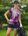 PINSPARK Golf Shirts for Women Short Sleeve Moisture Wicking Polo V Neck Tennis Tops Print Pickleball Apparel,Purplicious XL