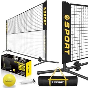 Furypiont 10 FT Mini Portable Tennis Net Equipment Set with Rubber Volleyball,Pump and Potable Carry Bag.Adjustable Height 2.7FT-5.1FT for Badminton Net, Volleyball Net,Soccer Net,Pickleball Net