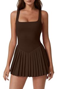 QINSEN Womens Pleated Tennis Dress Workout Dress with Built-in Shorts Pockets Summer Active Dress Chestnut M