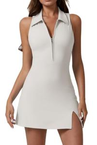 QINSEN Polor Neck Golf Dresses for Women Sleeveless Tennis Dress Build in Shorts with Pocket White S