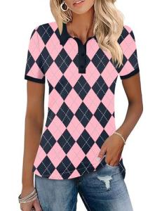 LOMON Golf Tennis Shirts Woman Lightweight Short Sleeve Polo T Shirt Womens Summer Collared Casual Tops Classic Outfit Pink Plaid M
