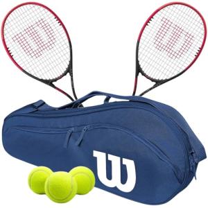 Wilson Hyper Power Tennis Racquet (4 3/8" Grip) Doubles Bundle with an Advantage 2.5 Bag or Backpack – Optional Tennis Balls and Grips