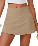 PINSPARK Tennis Skirts for Women V Waisted Golf Skorts Lightweight Athletic Skirt Stretchy Workout Skort with Pockets, Khaki Medium