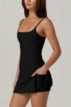 QINSEN Women Workout Tennis Dress with Built-in Shorts Spaghetti Strap Low Back Active Mini Dresses Black S
