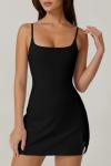 QINSEN Women Workout Tennis Dress with Built-in Shorts Spaghetti Strap Low Back Active Mini Dresses Black S