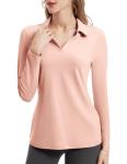 FKEEP Women's Tennis Golf Shirt Long Sleeved Top Sport Activewear V-Neck Workout Athletic (Pink, S)