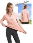 FKEEP Women's Tennis Golf Shirt Long Sleeved Top Sport Activewear V-Neck Workout Athletic (Pink, S)
