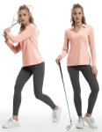 FKEEP Women's Tennis Golf Shirt Long Sleeved Top Sport Activewear V-Neck Workout Athletic (Pink, S)