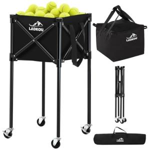 Ladkou Extra Large Tennis Ball Hopper, Holds 200 Balls, Foldable Tennis Ball Basket with Wheels & Removable Bag, Lightweight Pickleball Caddy Cart for Baseball/Softball, for Training/Teaching, Black