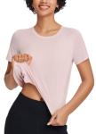baleaf Women's Workout Tops Athletic Shirts Cropped Short Sleeve Split Back Running Gym Quick Dry Sun Protection UPF 50+ Pink M