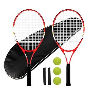 Tennis Rackets 2 Players Recreational for Beginners,Pre-Strung 27 Inch Light Adult Racquet Set for Women Men with Tennis Balls,Overgrips and Carry Bag (Red-T216)