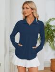 LOMON Women UPF 50+ Sun Protection Breathable Stretch Hiking Sweatshirt for Women Running Outdoor Workout Shirts（Navy Blue,L）