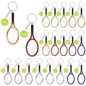 WRINGKIT 18 Pack Tennis Keychain, Mini Tennis Ball Racket Key Chain with Alloy Split Ring, Cute Metal Keychains Ornament Sports Gift Backpack Accessories for Sport Lovers Team, 6 Colors