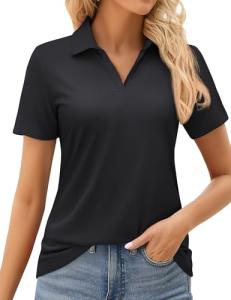 MAGCOMSEN Womens Polo Shirts Sports Short Sleeve V Neck Golf Shirts with Collar UV Protection Quick Dry Tennis Black,L