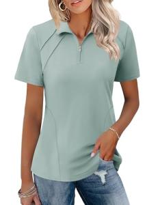 LOMON Womens Golf Tennis Shirts Collared Short Sleeve T Shirt Moisture Wicking Polo Casual Quarter Zip Golf Outfits (Light Green,Large)