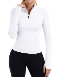 ZHENWEI Compression Shirts Woman Long Sleeve 1/4 Zip Workout Jacket Quick Dry Running Golf Polo Yoga Tops Athletic Fall Outfits 2025 (White,M)