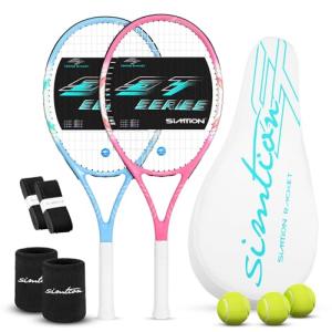 SIMTION 27 Inch Tennis Rackets Set, 2 Player Pre-StrungTennis Racquets for Adults, 2 Overgrip Tapes, 3 Balls, 2 Wristbands and Carrying Bag, for Beginner and Professional (Pink & Blue)