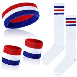 Skylety 5 Pcs Striped Sweatband Sock Set Wrist Sweatband Headband High Striped Headband for Men Women Sports 80s Party(White, Blue and Red)
