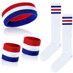 Skylety 5 Pcs Striped Sweatband Sock Set Wrist Sweatband Headband High Striped Headband for Men Women Sports 80s Party(White, Blue and Red)